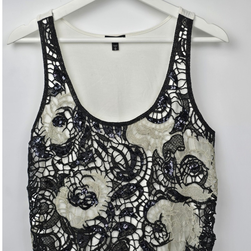 Express Black Lace Crochet Tank Ivory Lined Sequin Detail Womens Sz M Party Top